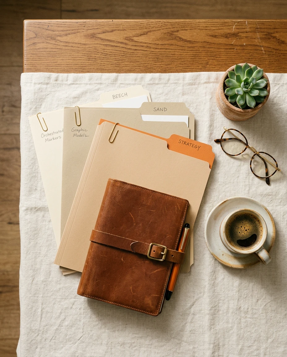 Geordneter Arbeitsplatz mit Mappen und Notizbuch